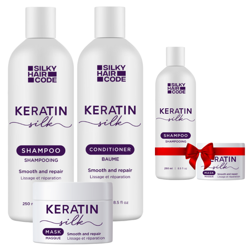Specjalna zniżka! 3+2 Intensywna kuracja naprawcza uszkodzonych włosów KERATIN SILK - Szampon, Odżywka, Maska